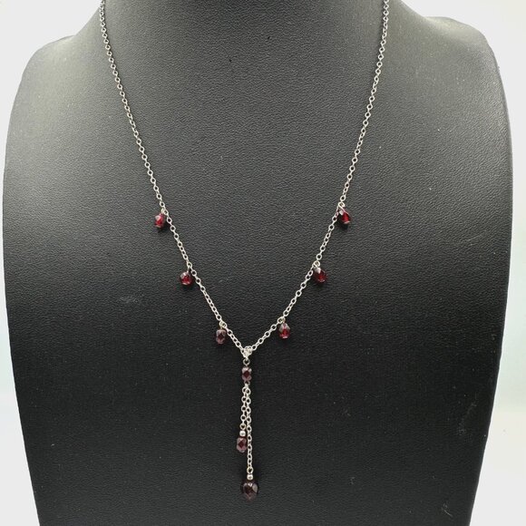 Sterling Silver Y Necklace Garnet Beads Dangle Drop Chain Delicate Jewelry - Picture 1 of 10